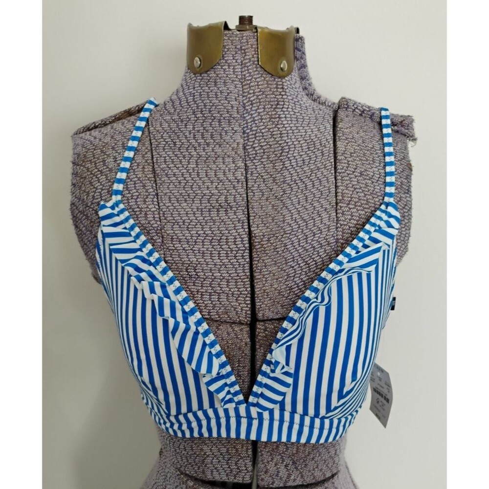 J.Crew Bikini Top Swim Bathing Suit M Adj Strap Blue White Stripe Ruffled NWT